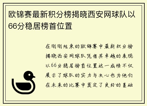 欧锦赛最新积分榜揭晓西安网球队以66分稳居榜首位置